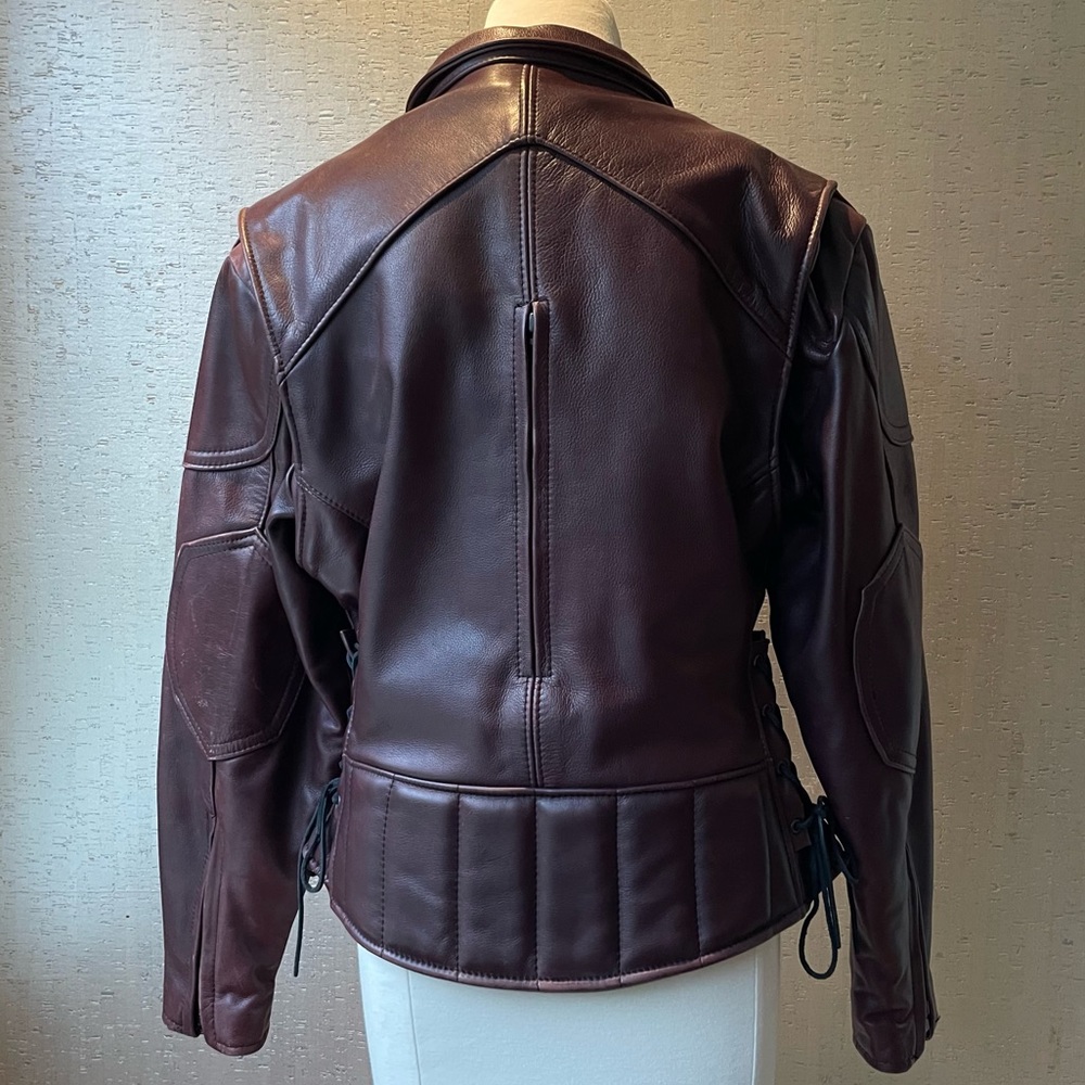 Vintage Leather Maroon Purple Biker Bomber Jacket Lace Up - Picture 4 of 6